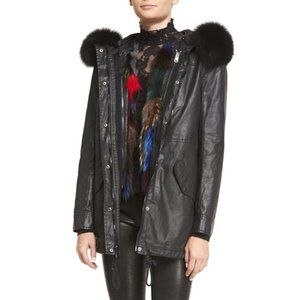 $1,895 ALICE + OLIVIA Tandy Fur Black Parka Coat Multi-Color Vest XS extra-small